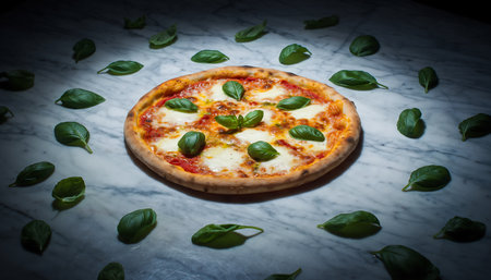 A perfectly cooked Margherita pizza surrounded by fresh basil leaves on a marble surface, highlighting Italian culinary tradition and freshness.の素材