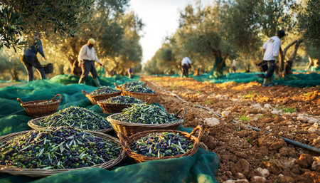 A vibrant scene of olive harvesting in a lush orchard, showcasing the abundance of the crop and the hard work of the farmers.の素材