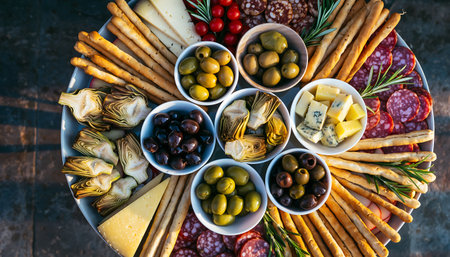 A beautifully arranged charcuterie board featuring a variety of olives, cheeses, artichokes, breadsticks, and salami, perfect for entertaining or a gourmet snack.の素材