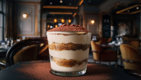 A layered tiramisu dessert served in a glass, showcasing creamy layers and cocoa powder topping, set in a restaurant ambiance.の素材