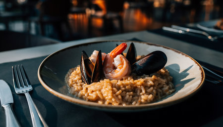A beautifully plated seafood risotto featuring succulent shrimp and fresh mussels, perfect for a gourmet dining experience. The dish is presented on a stylish plate.の素材