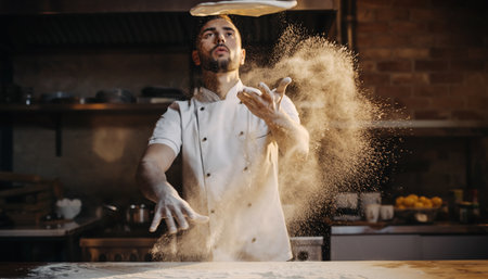 A chef in a white uniform skillfully tosses pizza dough in the air, surrounded by a cloud of flour in a professional kitchen setting.の素材