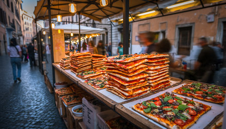 A street food stall in Rome, Italy, showcasing a variety of Roman pizza al taglio, a popular and tasty snack.の素材