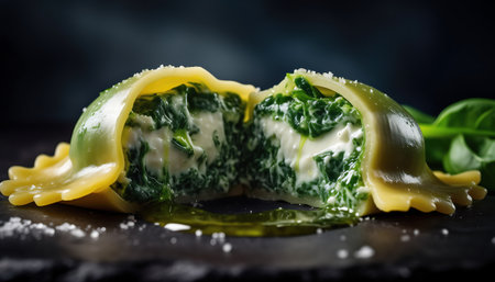 A close-up shot of spinach and ricotta ravioli, showcasing its vibrant green filling and delicate pasta. Perfect for food enthusiasts and culinary projects.の素材