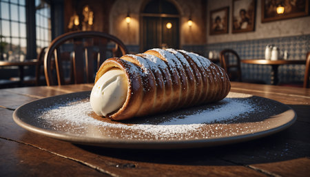 A close-up shot of a cannoli dessert on a plate, dusted with powdered sugar, in a warm restaurant setting.の素材