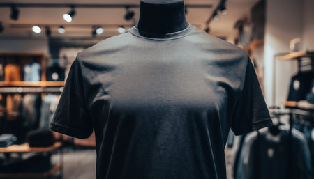 A black t-shirt is displayed on a mannequin in a clothing store, showcasing its simple design and fit. The background is blurred, highlighting the shirt.の素材