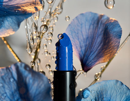 A close-up of a blue lipstick with water droplets, surrounded by blue flower petals, creating a fresh and vibrant beauty image.の素材