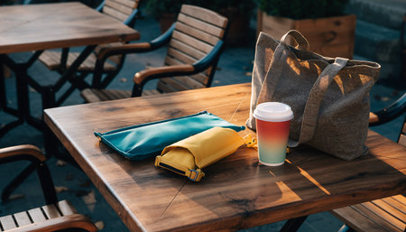 A warm, inviting scene featuring coffee, pouches, and a bag on a wooden table, bathed in the soft light of sunset.の素材