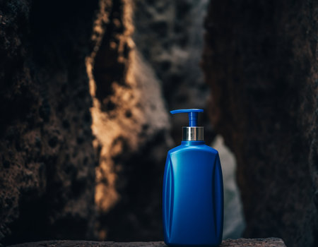 A vibrant blue lotion bottle stands out against a dark, textured backdrop, creating a striking contrast and minimalist aesthetic.の素材