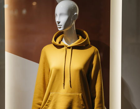 A mannequin showcases a vibrant yellow hoodie with a drawstring hood and kangaroo pocket, set against a neutral backdrop in a retail environment.の素材