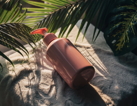 A bottle of sunscreen rests on fabric, surrounded by tropical foliage, with sunlight casting shadows, creating a summery and protective scene.の素材