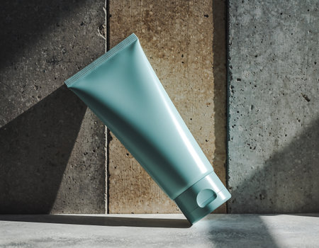 A tube of cream is bathed in natural light, casting shadows on a textured surface, creating a minimalist beauty scene.の素材
