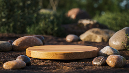 A wooden podium surrounded by stones, set against a natural backdrop, ideal for showcasing products in a serene and organic setting.の素材