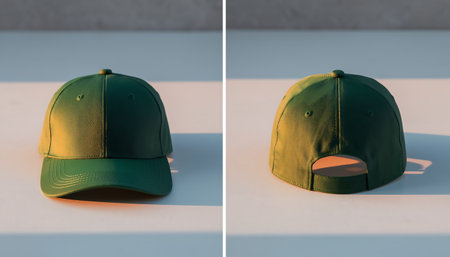 A green baseball cap is displayed on a white surface, showing both the front and back views in a minimalist style.の素材