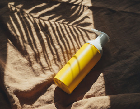 A yellow spray bottle rests on a textured fabric, casting a shadow of a leaf, creating a minimalist and natural scene.の素材