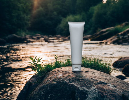 A white tube stands on a rock by a river, showcasing a natural beauty product in a serene outdoor setting.の素材