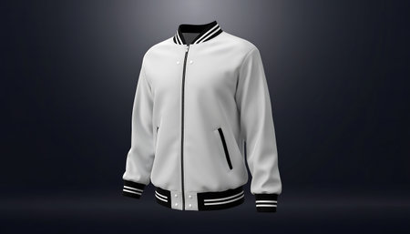 A clean, white varsity jacket with black accents, presented on a dark background for a modern and stylish look.の素材