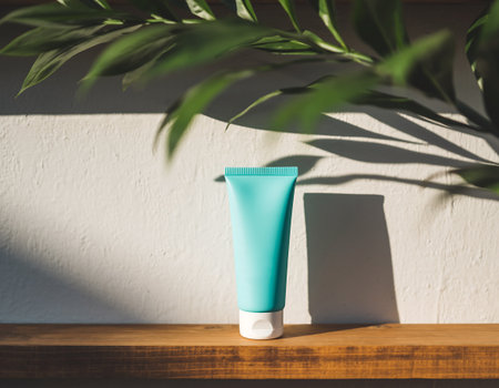 A turquoise tube of cream stands on a wooden shelf, casting a shadow against a white wall, with a plants leaves partially obscuring the view.の素材
