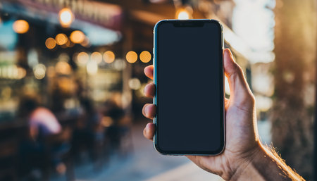 Close-up of a hand holding a smartphone with a blank screen in a blurred cafe setting, showcasing modern technology and lifestyle.の素材