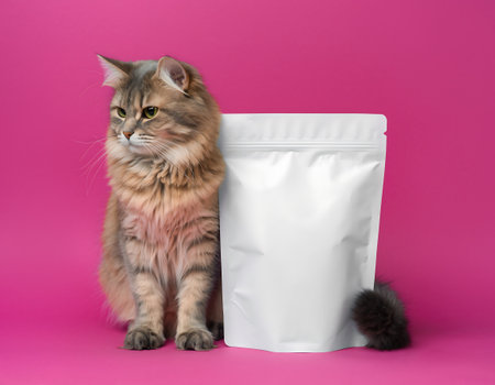 A fluffy tabby cat sits next to a blank white pouch on a pink background, perfect for pet food or product mockups.の素材