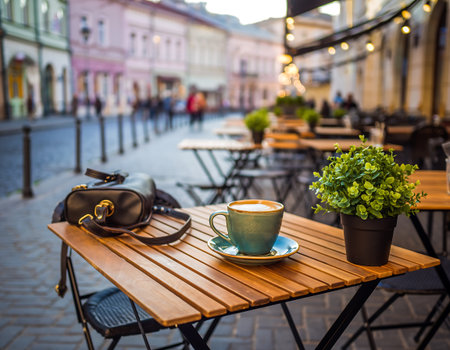 Enjoying a coffee break at an outdoor cafe in Europe, with a cup of coffee, a purse, and a plant on a wooden table.の素材