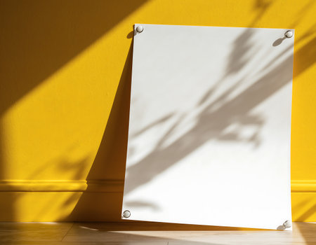 A blank white poster is leaning against a yellow wall with a plant shadow cast on it, creating a minimalist and modern aesthetic.の素材