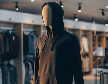A mannequin stands in a clothing store, showcasing a stylish hoodie. The store's interior provides a blurred backdrop, emphasizing the garment.の素材