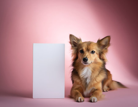 A charming Chihuahua mix dog lies beside a blank white card, set against a soft pink background, perfect for adding your custom message or design.の素材