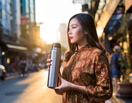 A young woman stands on a city street at sunset, holding a reusable water bottle, promoting sustainability and healthy hydration.の素材