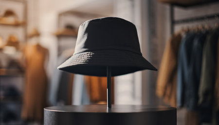 A black bucket hat sits on a stand in a boutique, showcasing its design and style. The background features clothing racks and mannequins.の素材