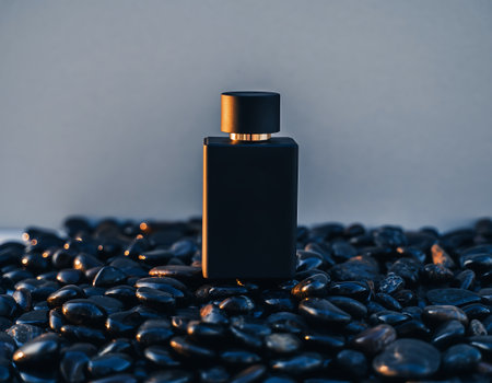 A sleek black perfume bottle stands out against a backdrop of smooth, dark pebbles, creating a sophisticated and minimalist aesthetic.の素材