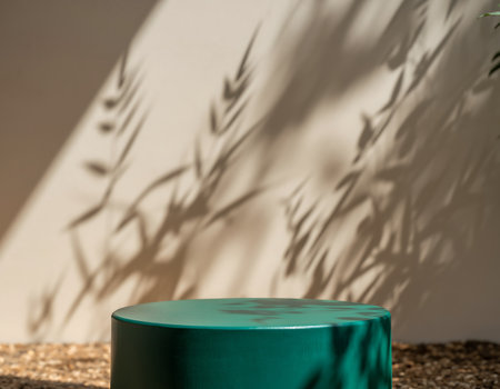 A green podium stands against a neutral wall with plant shadows, perfect for product display and showcasing items in a minimalist setting.の素材