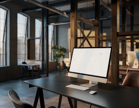 A clean and modern office space featuring a computer with a blank screen, set against a backdrop of large windows and industrial-style architecture.の素材