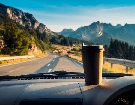 A cup of coffee sits on a car dashboard with a stunning mountain road view, perfect for a refreshing travel break.の素材