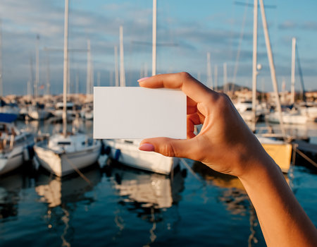 A hand holds a blank white card with yachts and water in the background, perfect for adding your own text or design.の素材