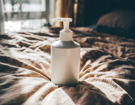 A white lotion bottle sits on a bed with a patterned sheet, illuminated by natural light from a nearby window.の素材