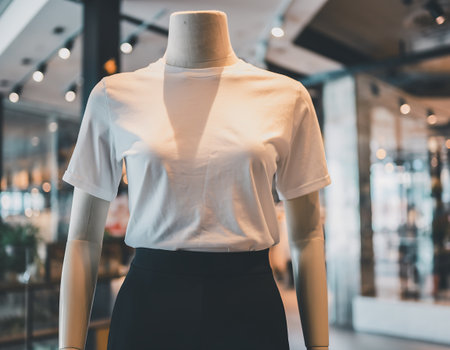 A mannequin is dressed in a simple white t-shirt and a black skirt, displayed in a store setting with a blurred background.の素材
