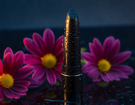 A black lipstick stands elegantly among vibrant purple daisies, enhanced by soft lighting and water droplets, creating a captivating beauty scene.の素材