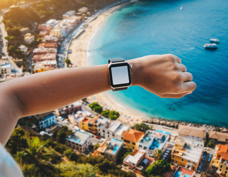 A person wearing a smartwatch with a blank screen, showcasing a coastal town and ocean view in the background. The focus is on the blend of technology and travel.の素材