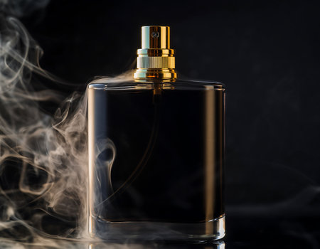 A sleek perfume bottle is surrounded by wisps of smoke, creating a mysterious and alluring atmosphere against a dark backdrop.の素材