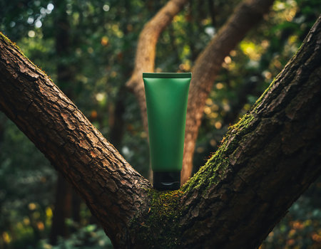 A green tube of product is placed on a tree branch in a lush forest setting, blending nature with personal care.の素材