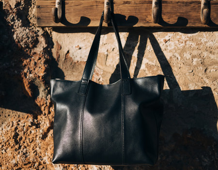 Luxury black leather handbag hanging on the wall in the streetの素材