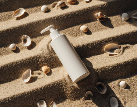 A bottle of sunscreen nestled in the sand, surrounded by seashells, evokes a sense of beach vacation and sun protection.の素材