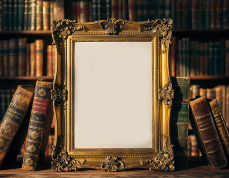 A vintage gold frame is surrounded by antique books, creating a classic and elegant display for literary enthusiasts and collectors.の素材