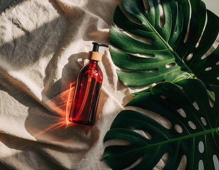 Amber bottle with natural cosmetics on a beige background with monstera leaf. Minimalist concept for beauty and wellness.の素材