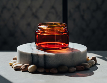 A close-up of an amber jar filled with liquid, sitting on a marble pedestal surrounded by small pebbles, creating a minimalist and elegant presentation.の素材