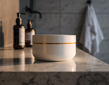 A clean bathroom countertop featuring soap dispensers and a cream container, bathed in soft, natural light, creating a serene and minimalist atmosphere.の素材