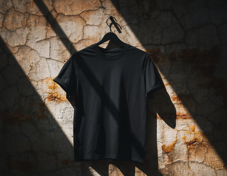 A black t-shirt hangs on a hanger against a textured wall, with dramatic shadows creating a striking contrast.の素材