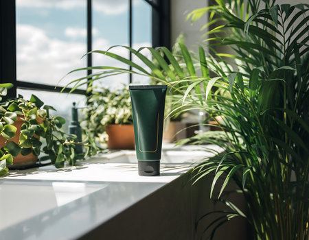 A dark green tube of cream stands on a white surface, surrounded by lush green plants, creating a serene and natural setting.の素材