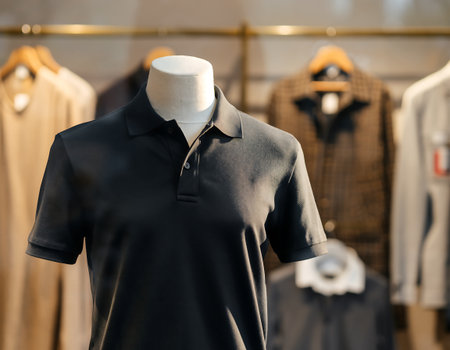 A black polo shirt is displayed on a mannequin in a clothing store, with other garments visible in the background.の素材